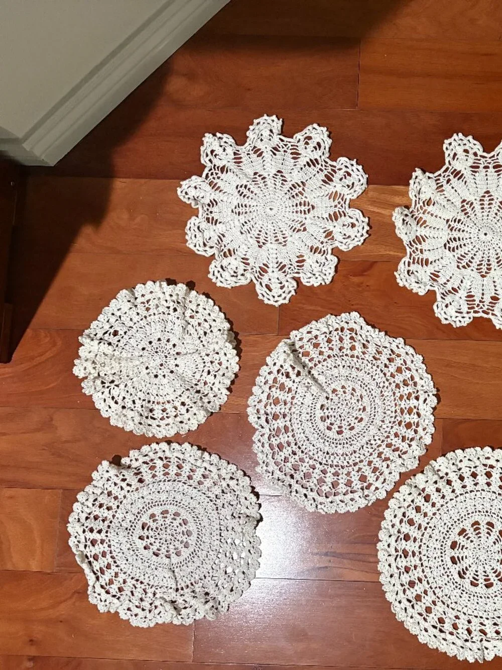 8 Vintage Round Ivory Hand Crocheted Doilies